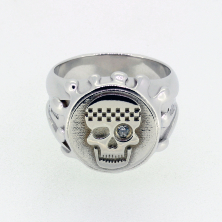 Sterling silver Oil Drip Skull Ring with checkered skull motif and diamond eye by Racing Relics.