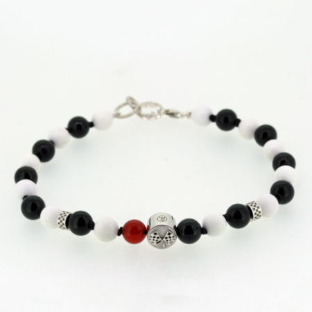 Checkered Victory bracelet with black Tourmaline, white Agate, and Carnelian stones, sterling-silver clasp and emblem by Racing Relics.