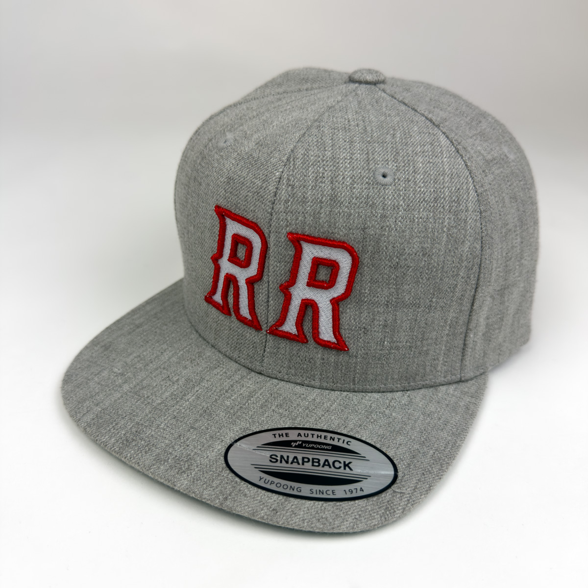 Grey snapback cap with red RR embroidery