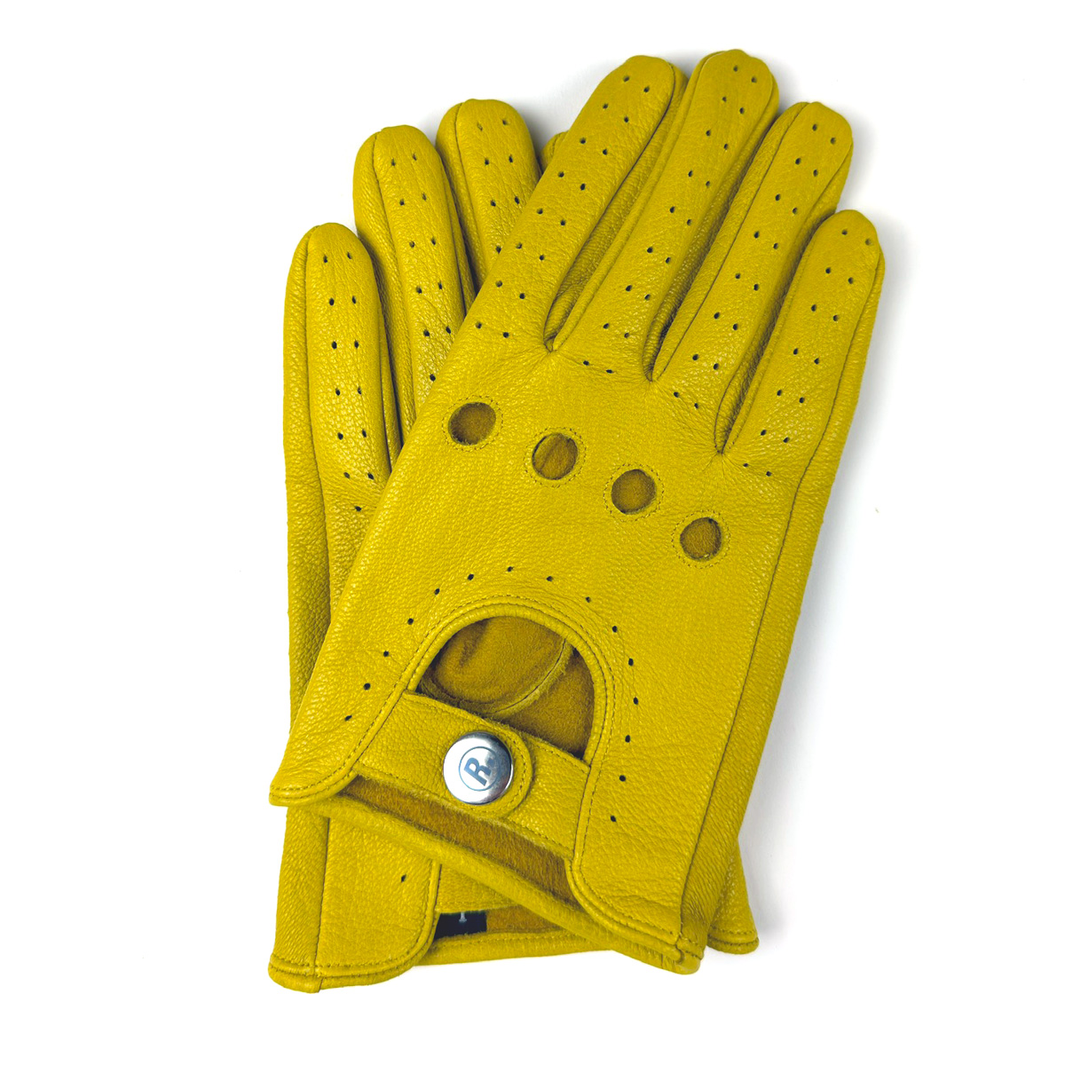 Yellow leather driving gloves with perforated detailing – Continental Driver Gloves by Racing Relics